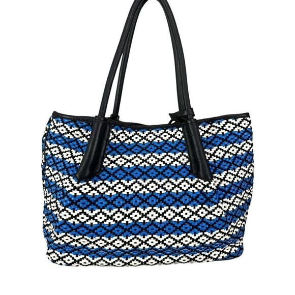 Vince Camuto Blue White Woven Harlo Tote Shoulder Leather Blend Purse - Picture 2 of 15